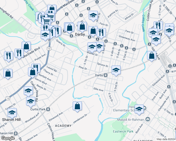 map of restaurants, bars, coffee shops, grocery stores, and more near 618 Pine Street in Darby