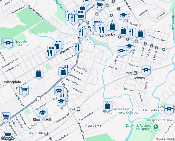 map of restaurants, bars, coffee shops, grocery stores, and more near 415 Poplar Street in Sharon Hill
