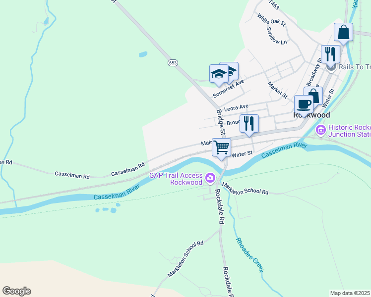 map of restaurants, bars, coffee shops, grocery stores, and more near 328 Main Street in Rockwood