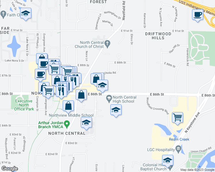 map of restaurants, bars, coffee shops, grocery stores, and more near 8607 Cholla Road in Indianapolis