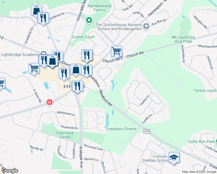 map of restaurants, bars, coffee shops, grocery stores, and more near 7 Hearthstone Lane in Evesham