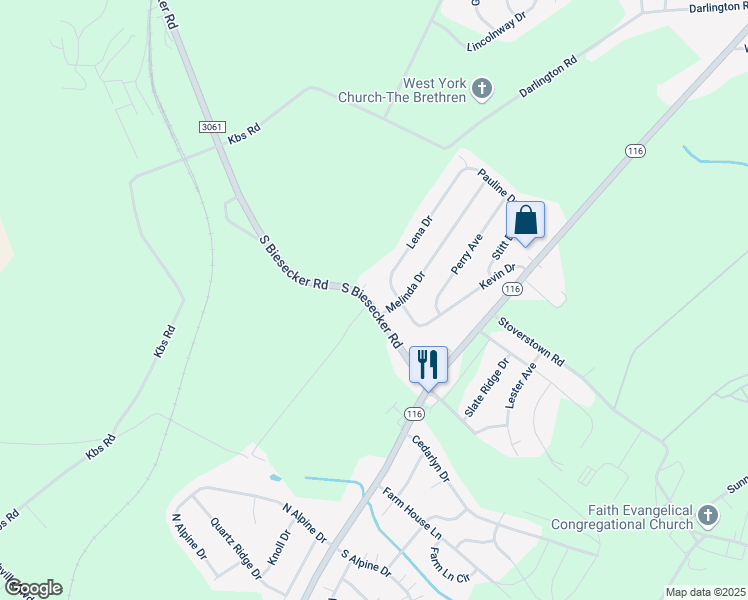 map of restaurants, bars, coffee shops, grocery stores, and more near 107 Biesecker Road in York