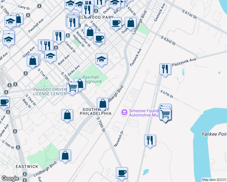 map of restaurants, bars, coffee shops, grocery stores, and more near 6807 Lindbergh Boulevard in Philadelphia