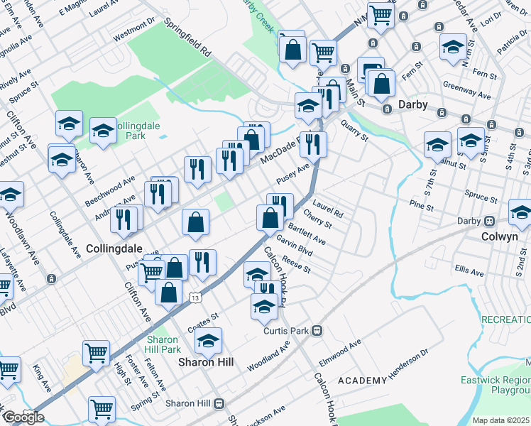 map of restaurants, bars, coffee shops, grocery stores, and more near 6 Rhodes Avenue in Collingdale