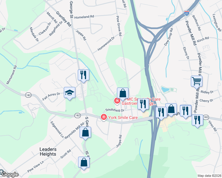 map of restaurants, bars, coffee shops, grocery stores, and more near 2536 Joppa Road in York