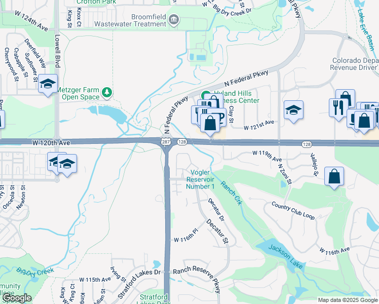 map of restaurants, bars, coffee shops, grocery stores, and more near 2899 West 119th Avenue in Westminster