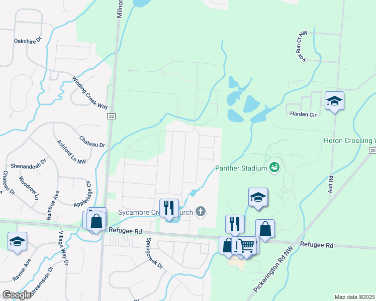 map of restaurants, bars, coffee shops, grocery stores, and more near 12340 Ebright Lane in Pickerington