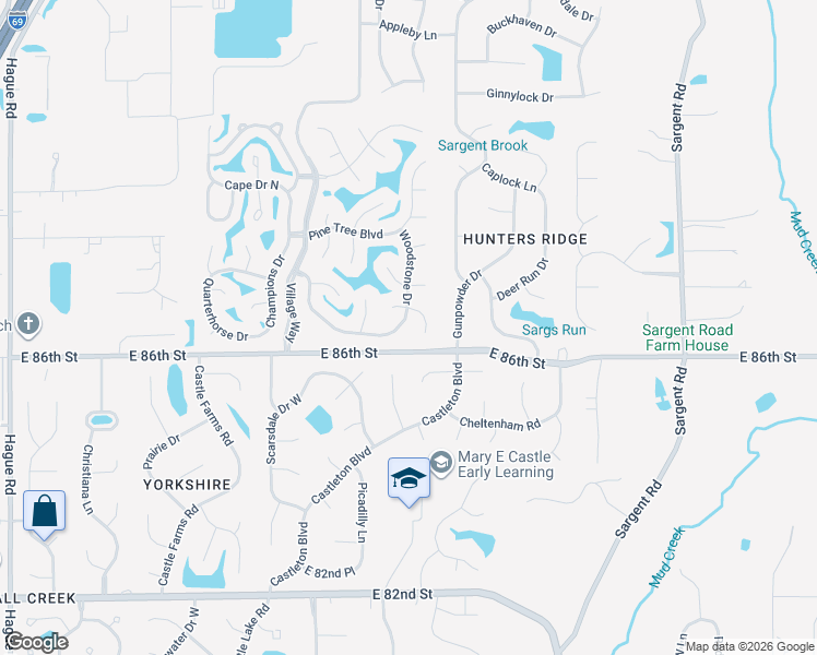 map of restaurants, bars, coffee shops, grocery stores, and more near 8553 Woodstone Way South in Indianapolis