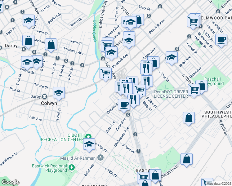 map of restaurants, bars, coffee shops, grocery stores, and more near 7368 Wheeler Street in Philadelphia