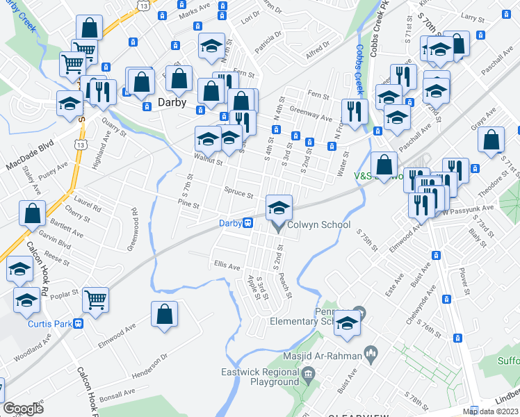 map of restaurants, bars, coffee shops, grocery stores, and more near 311 South 4th Street in Darby