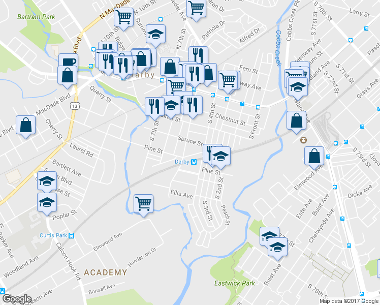 map of restaurants, bars, coffee shops, grocery stores, and more near 423 Pine Street in Darby