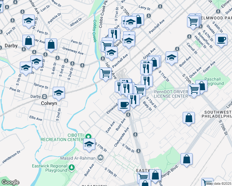 map of restaurants, bars, coffee shops, grocery stores, and more near 7368 Wheeler Street in Philadelphia