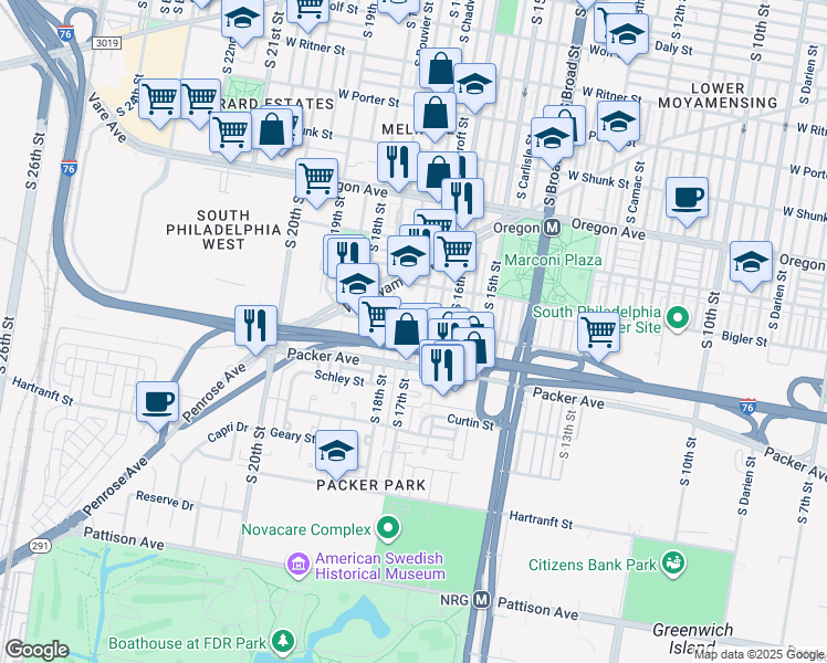 map of restaurants, bars, coffee shops, grocery stores, and more near 3002 South 17th Street in Philadelphia
