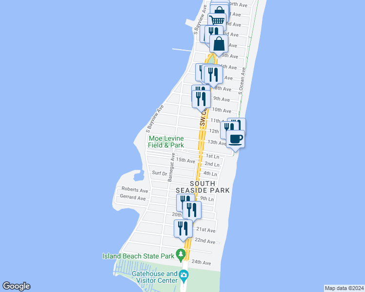 map of restaurants, bars, coffee shops, grocery stores, and more near 130 14th Avenue in Seaside Park