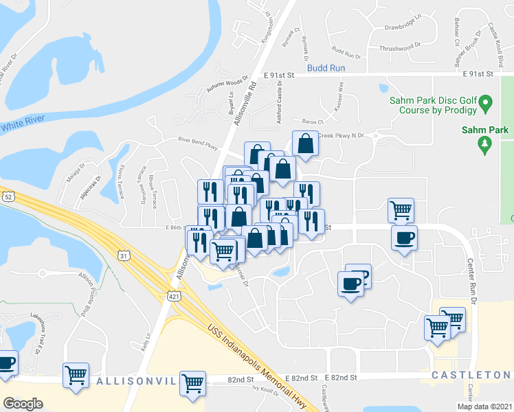 map of restaurants, bars, coffee shops, grocery stores, and more near 5702 East 86th Street in Indianapolis