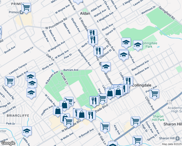 map of restaurants, bars, coffee shops, grocery stores, and more near 539 Pershing Avenue in Collingdale