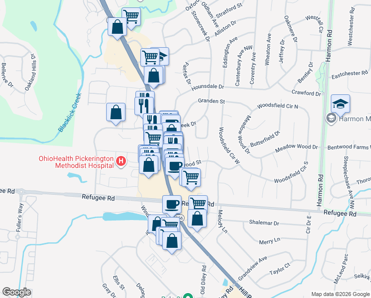 map of restaurants, bars, coffee shops, grocery stores, and more near 1181 Cambridge Way in Pickerington
