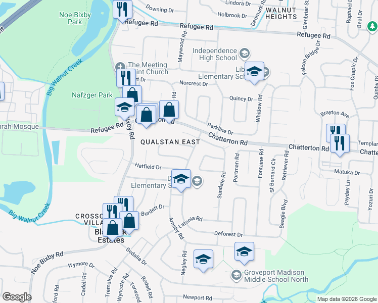 map of restaurants, bars, coffee shops, grocery stores, and more near 3117 Dunloe Road in Columbus