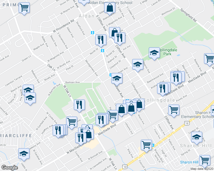 map of restaurants, bars, coffee shops, grocery stores, and more near 533 Lafayette Avenue in Collingdale