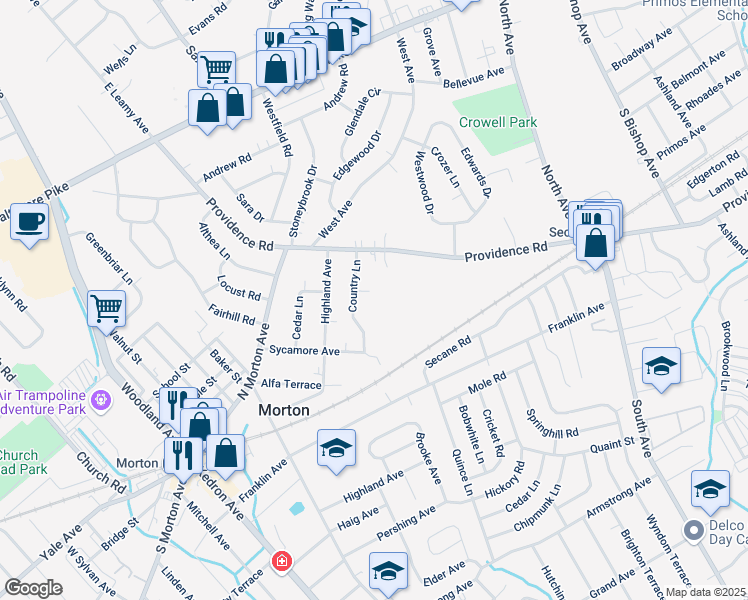 map of restaurants, bars, coffee shops, grocery stores, and more near 207 Country Circle in Morton