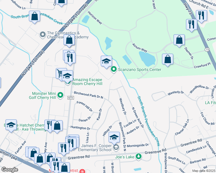 map of restaurants, bars, coffee shops, grocery stores, and more near 12 Brookville Drive in Cherry Hill