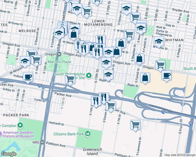 map of restaurants, bars, coffee shops, grocery stores, and more near 2841 South 10th Street in Philadelphia