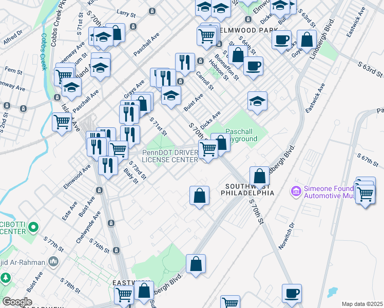 map of restaurants, bars, coffee shops, grocery stores, and more near 2740 S Muhlfeld St in Philadelphia
