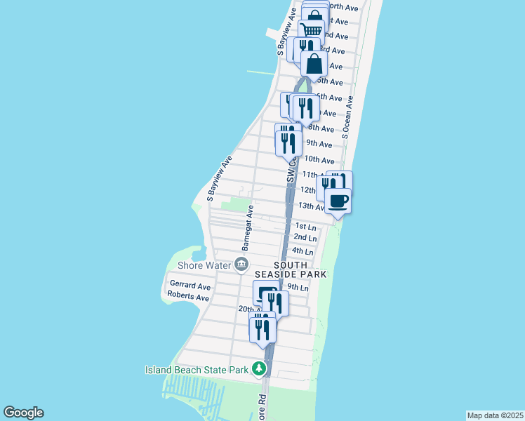 map of restaurants, bars, coffee shops, grocery stores, and more near 130 14th Avenue in Seaside Park