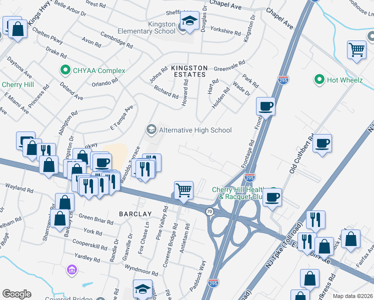 map of restaurants, bars, coffee shops, grocery stores, and more near 1920 Frontage Road in Cherry Hill