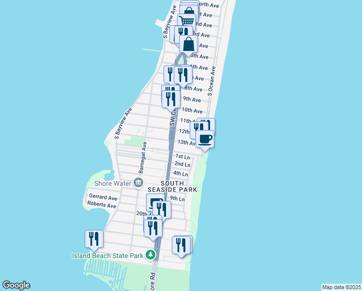 map of restaurants, bars, coffee shops, grocery stores, and more near 39-41 13th Avenue in Seaside Park