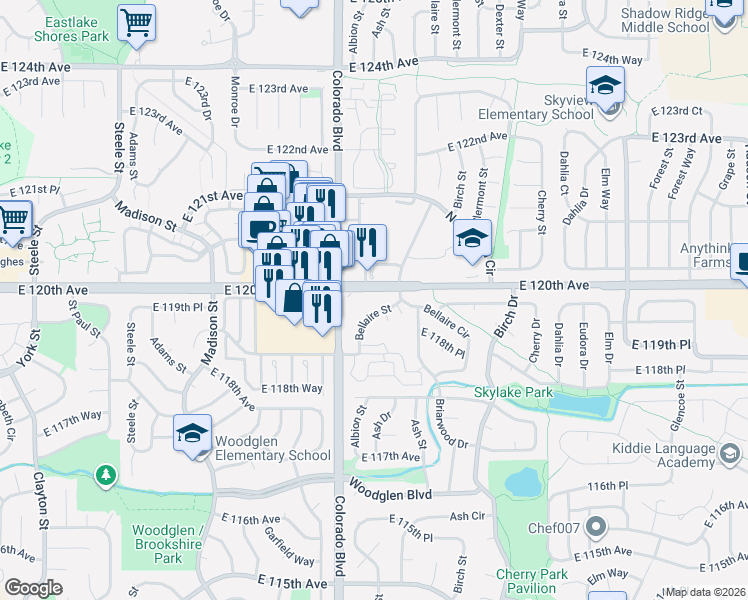 map of restaurants, bars, coffee shops, grocery stores, and more near 11961 Bellaire Street in Thornton