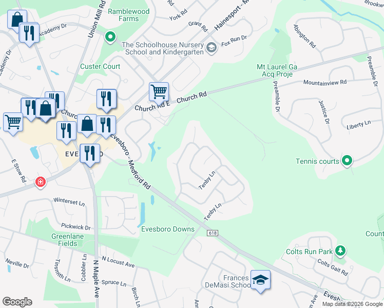 map of restaurants, bars, coffee shops, grocery stores, and more near 30 Faybrooke Drive in Evesham Township