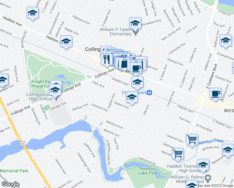map of restaurants, bars, coffee shops, grocery stores, and more near 706 Park Avenue in Collingswood