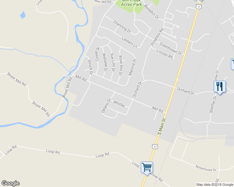 map of restaurants, bars, coffee shops, grocery stores, and more near 221 Mill Road in Chambersburg