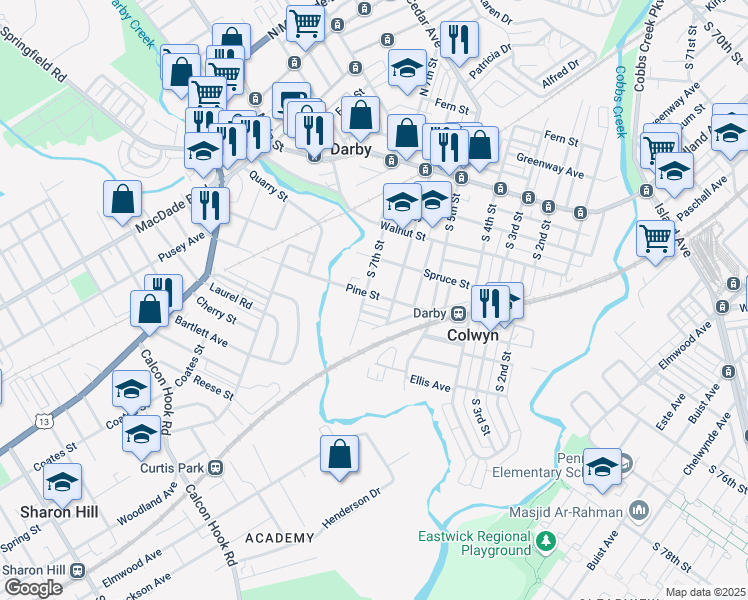 map of restaurants, bars, coffee shops, grocery stores, and more near 618 Pine Street in Darby