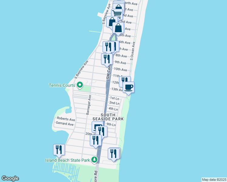 map of restaurants, bars, coffee shops, grocery stores, and more near 39-41 13th Avenue in Seaside Park