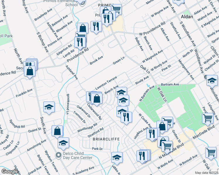 map of restaurants, bars, coffee shops, grocery stores, and more near 763 Beech Avenue in Glenolden