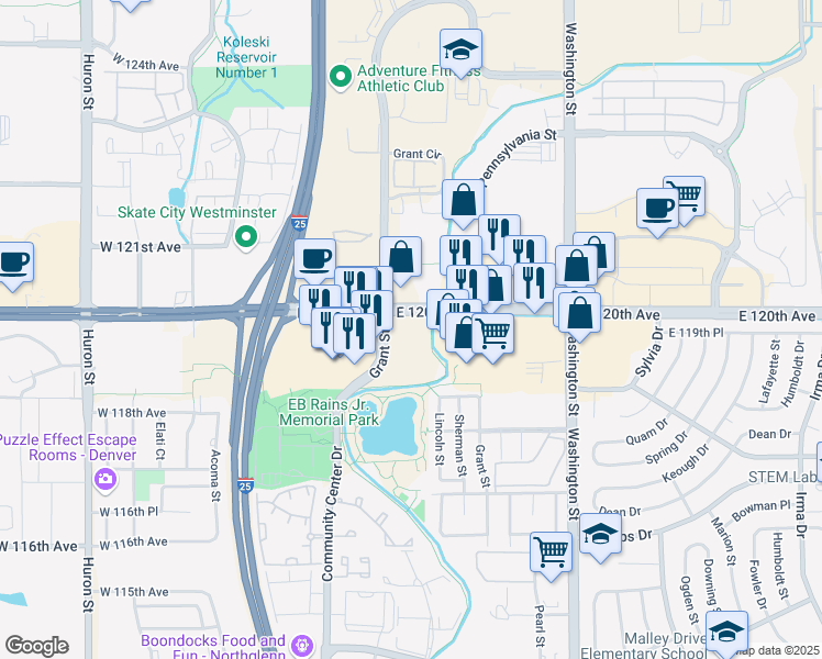 map of restaurants, bars, coffee shops, grocery stores, and more near 11990 Grant Street in Northglenn