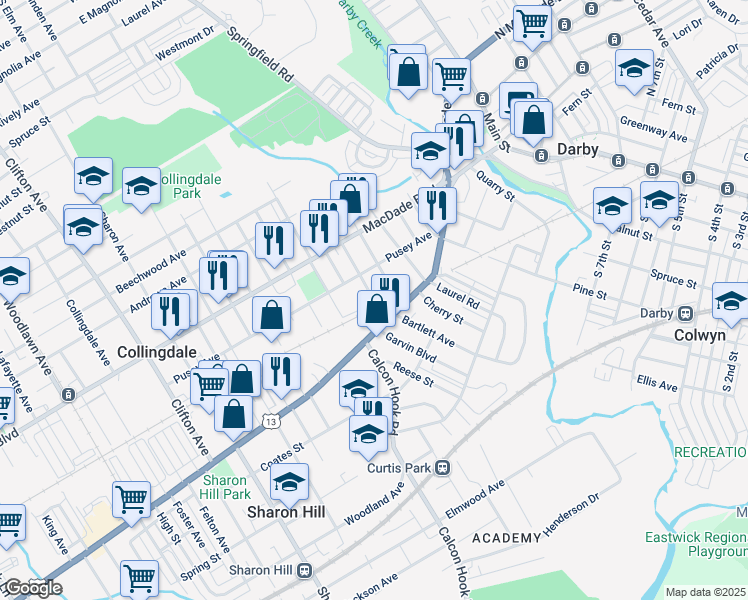 map of restaurants, bars, coffee shops, grocery stores, and more near 1 Rhodes Avenue in Collingdale