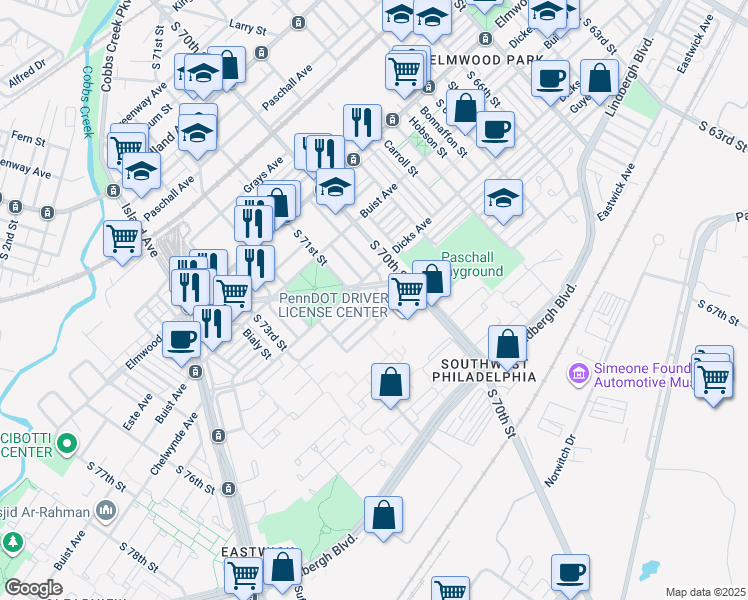 map of restaurants, bars, coffee shops, grocery stores, and more near 2726 S Muhlfeld St in Philadelphia