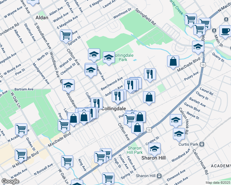 map of restaurants, bars, coffee shops, grocery stores, and more near 235 Sharon Avenue in Collingdale