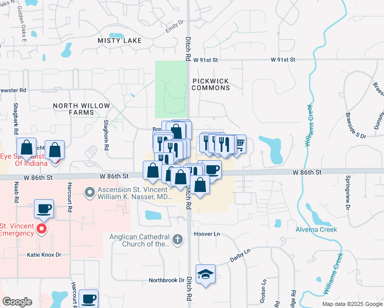map of restaurants, bars, coffee shops, grocery stores, and more near 8639 Ditch Road in Indianapolis