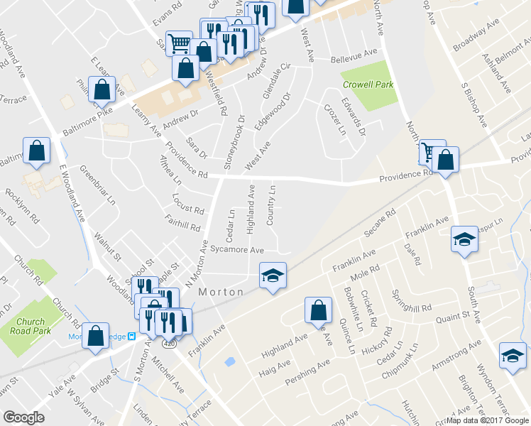 map of restaurants, bars, coffee shops, grocery stores, and more near 642 Country Lane in Morton