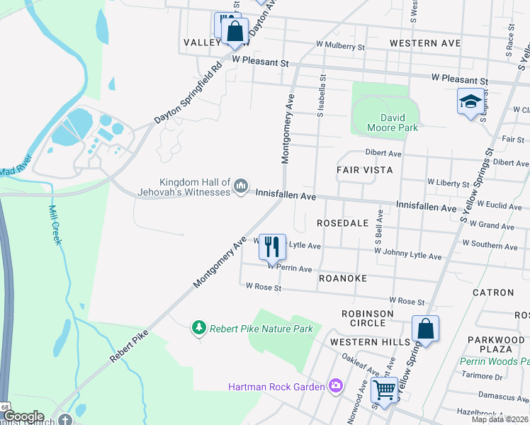 map of restaurants, bars, coffee shops, grocery stores, and more near 1109 Rebert Pike in Springfield