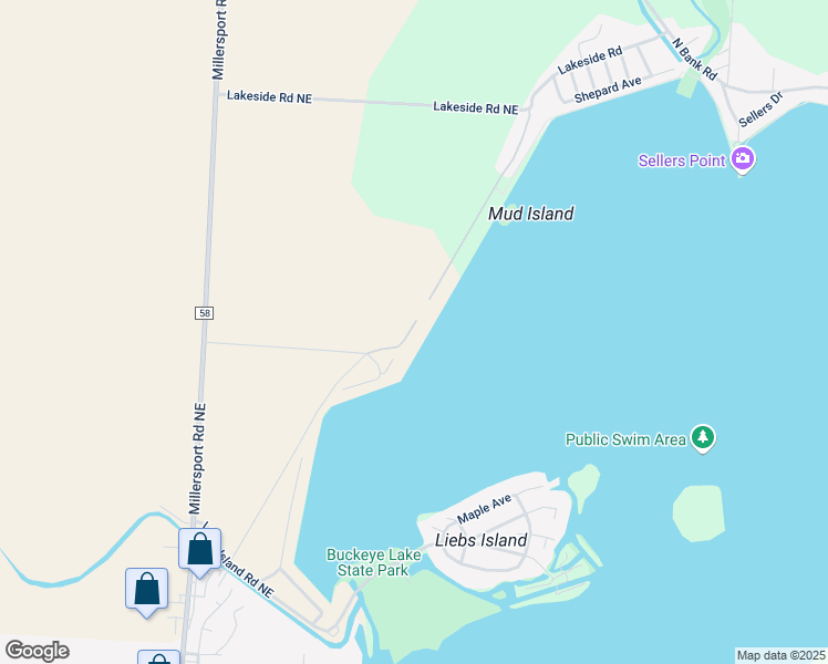 map of restaurants, bars, coffee shops, grocery stores, and more near 13054 West Bank Drive in Millersport
