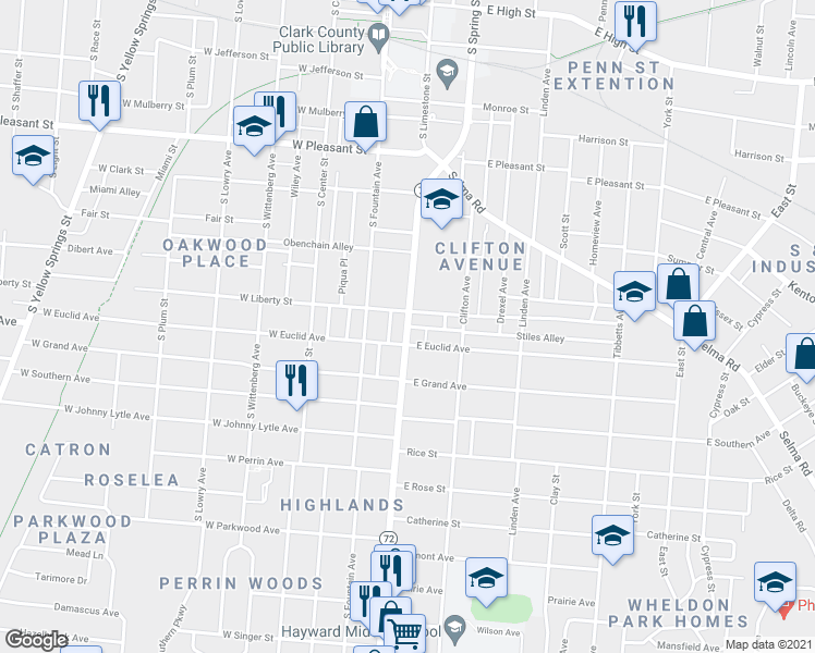 map of restaurants, bars, coffee shops, grocery stores, and more near 100 Stiles Alley in Springfield