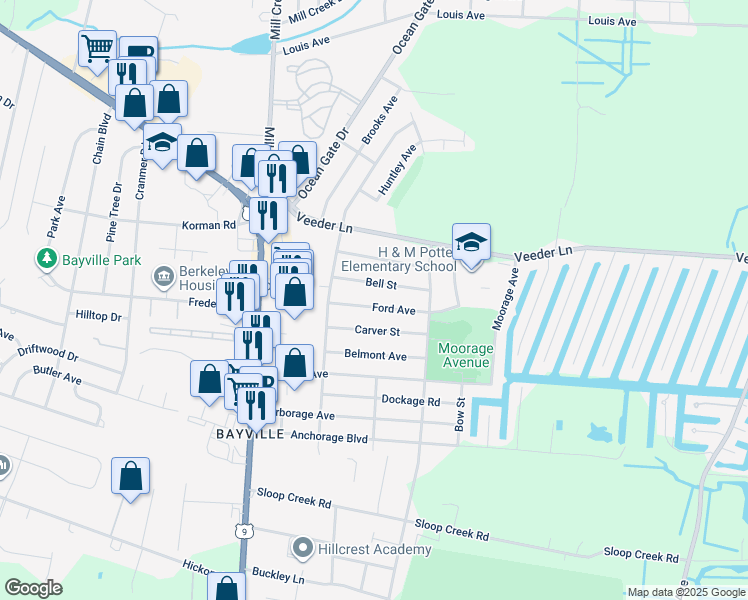 map of restaurants, bars, coffee shops, grocery stores, and more near 27 Ford Ave in Berkeley Township