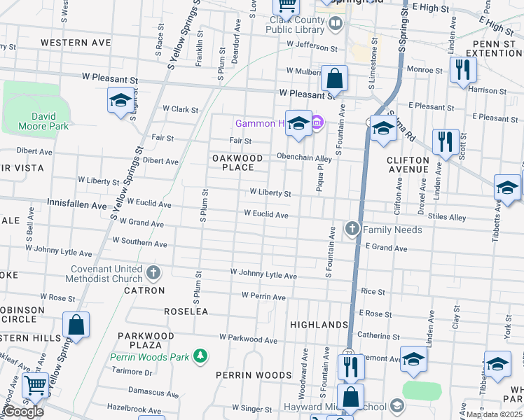 map of restaurants, bars, coffee shops, grocery stores, and more near 206 West Euclid Avenue in Springfield