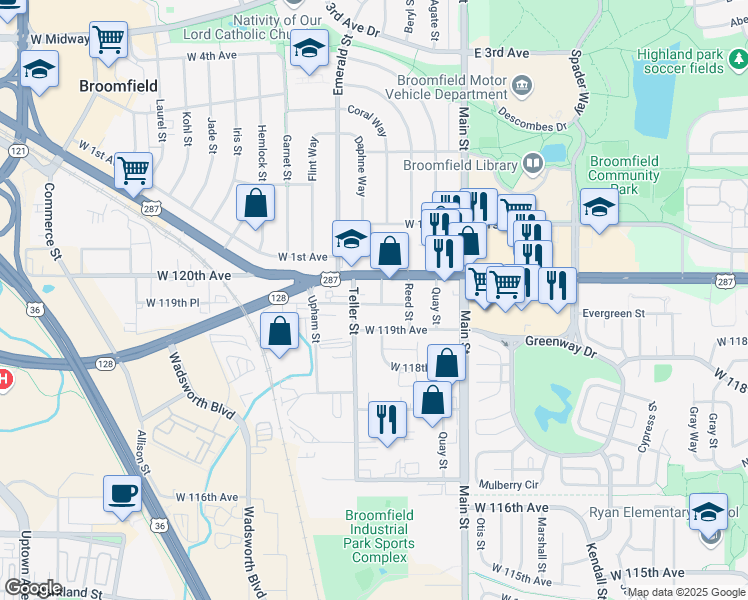map of restaurants, bars, coffee shops, grocery stores, and more near 7085 West 119th Place in Broomfield