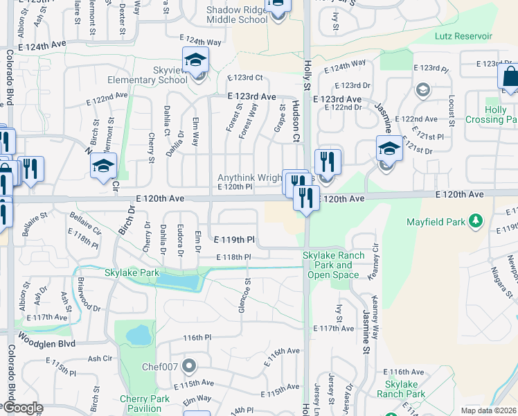 map of restaurants, bars, coffee shops, grocery stores, and more near 5321 East 119th Court in Thornton